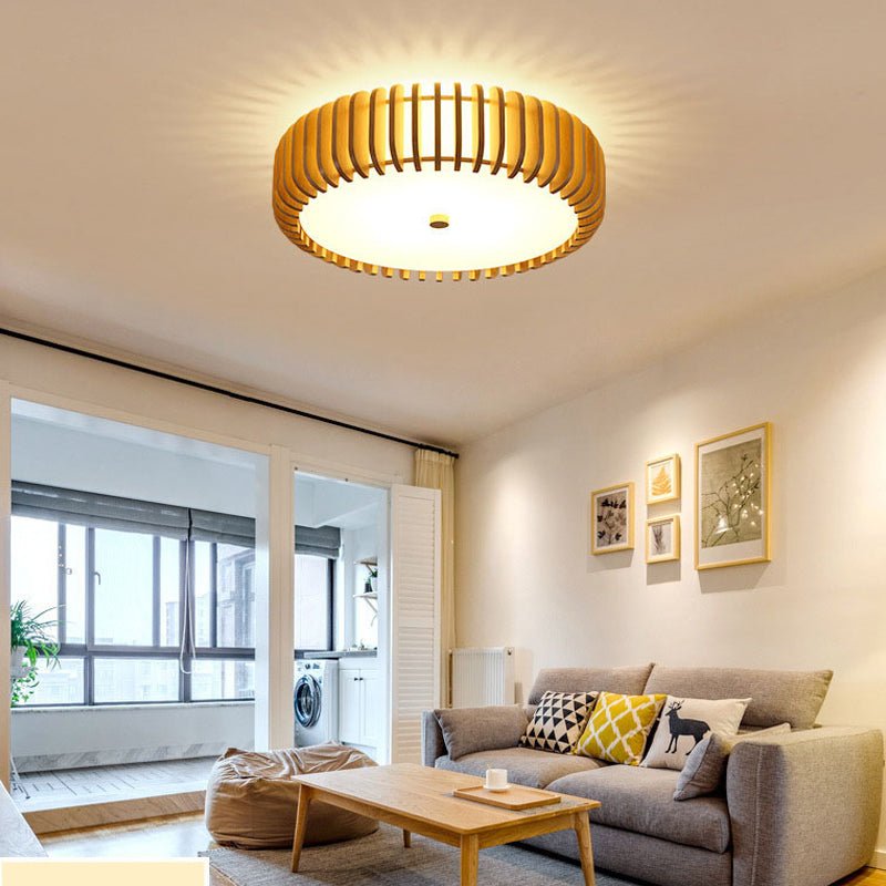Round Wood LED Flush Mount Ceiling Light with 3-Step Dimming