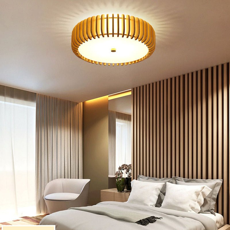 Round Wood LED Flush Mount Ceiling Light with 3-Step Dimming
