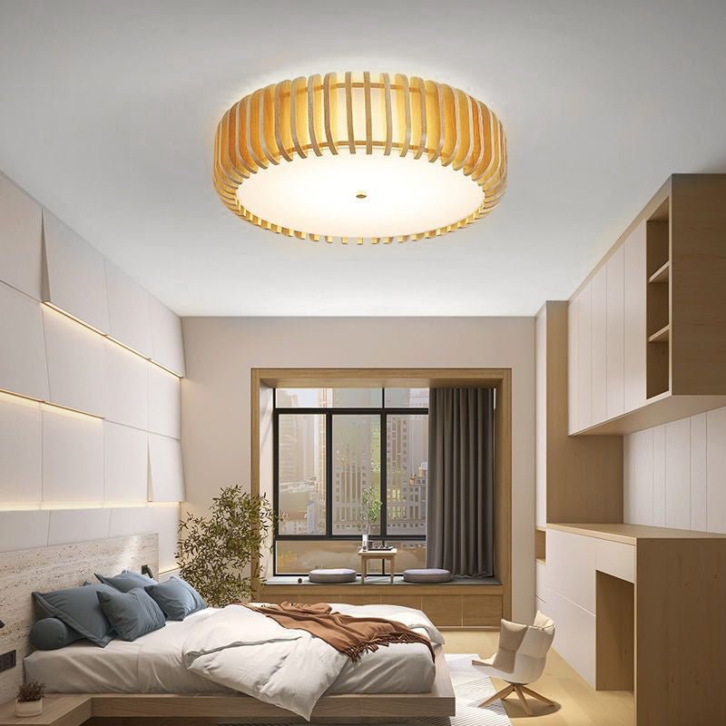 Round Wood LED Flush Mount Ceiling Light with 3-Step Dimming