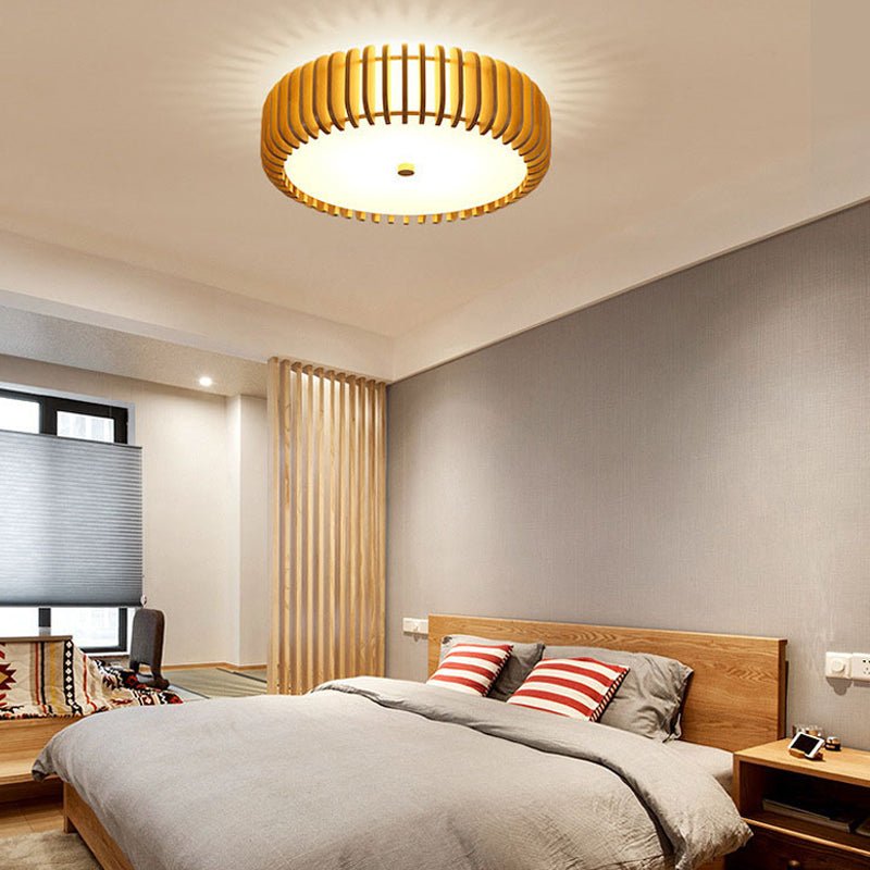 Round Wood LED Flush Mount Ceiling Light with 3-Step Dimming