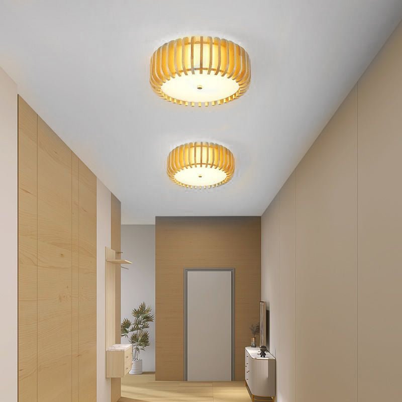 Round Wood LED Flush Mount Ceiling Light with 3-Step Dimming