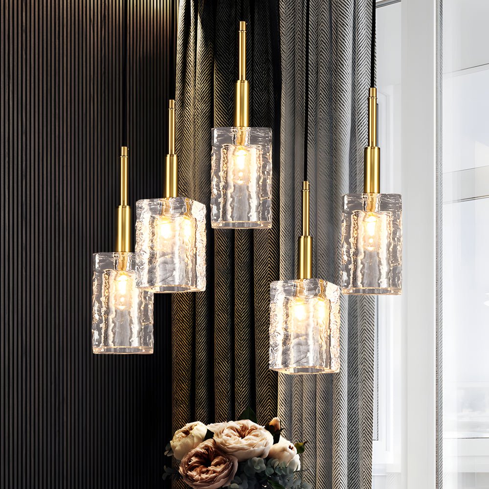 Crystal Cube Pendant Light - Brass Finish with Copper Rod
