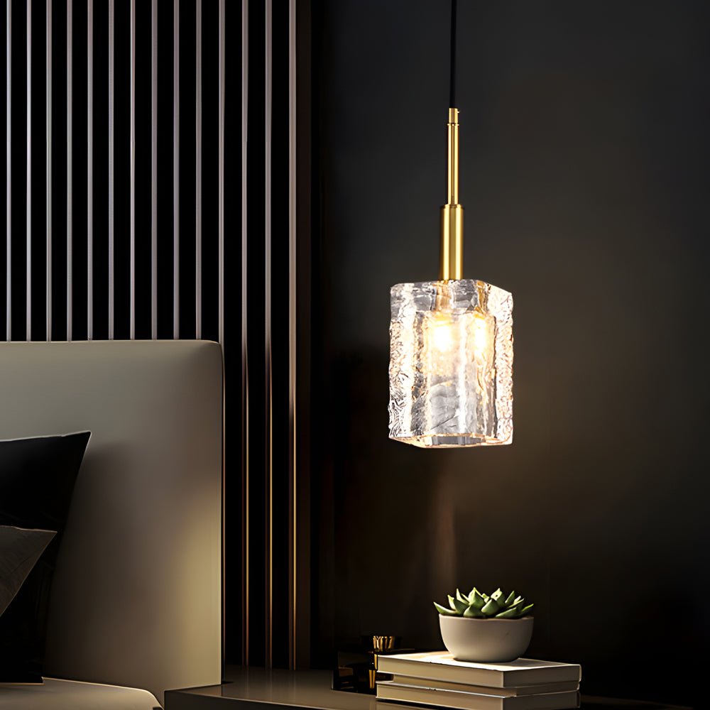 Crystal Cube Pendant Light - Brass Finish with Copper Rod