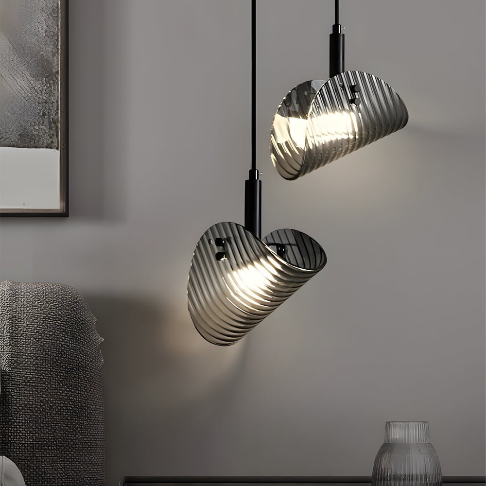 Smoke Gray Striped Glass LED Pendant Light with 3-Step Dimming