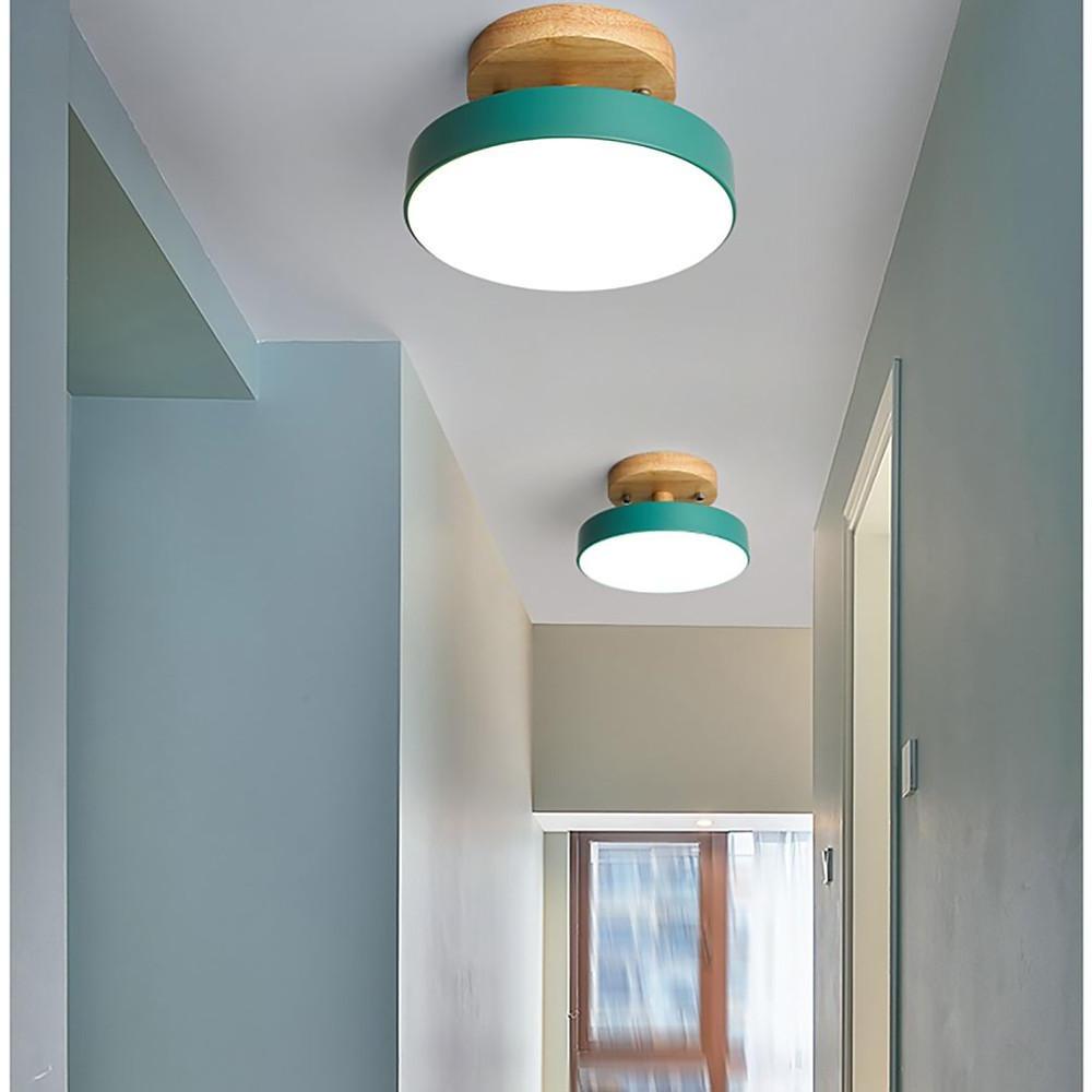 Round Minimalist Drum Flush Mount Ceiling Light Metal Wood LED