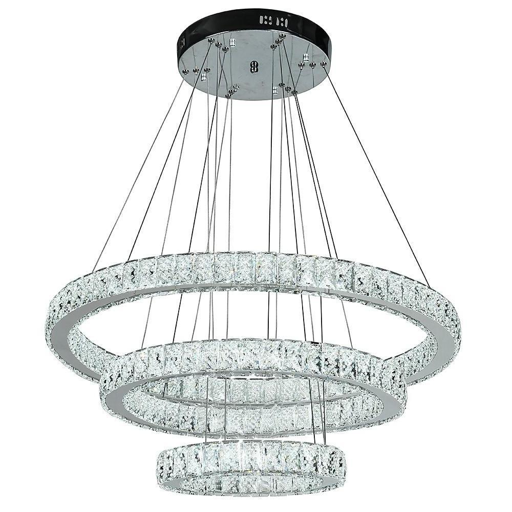 3-Tier Crystal Ring Chandelier with LED - Modern Chrome Finish