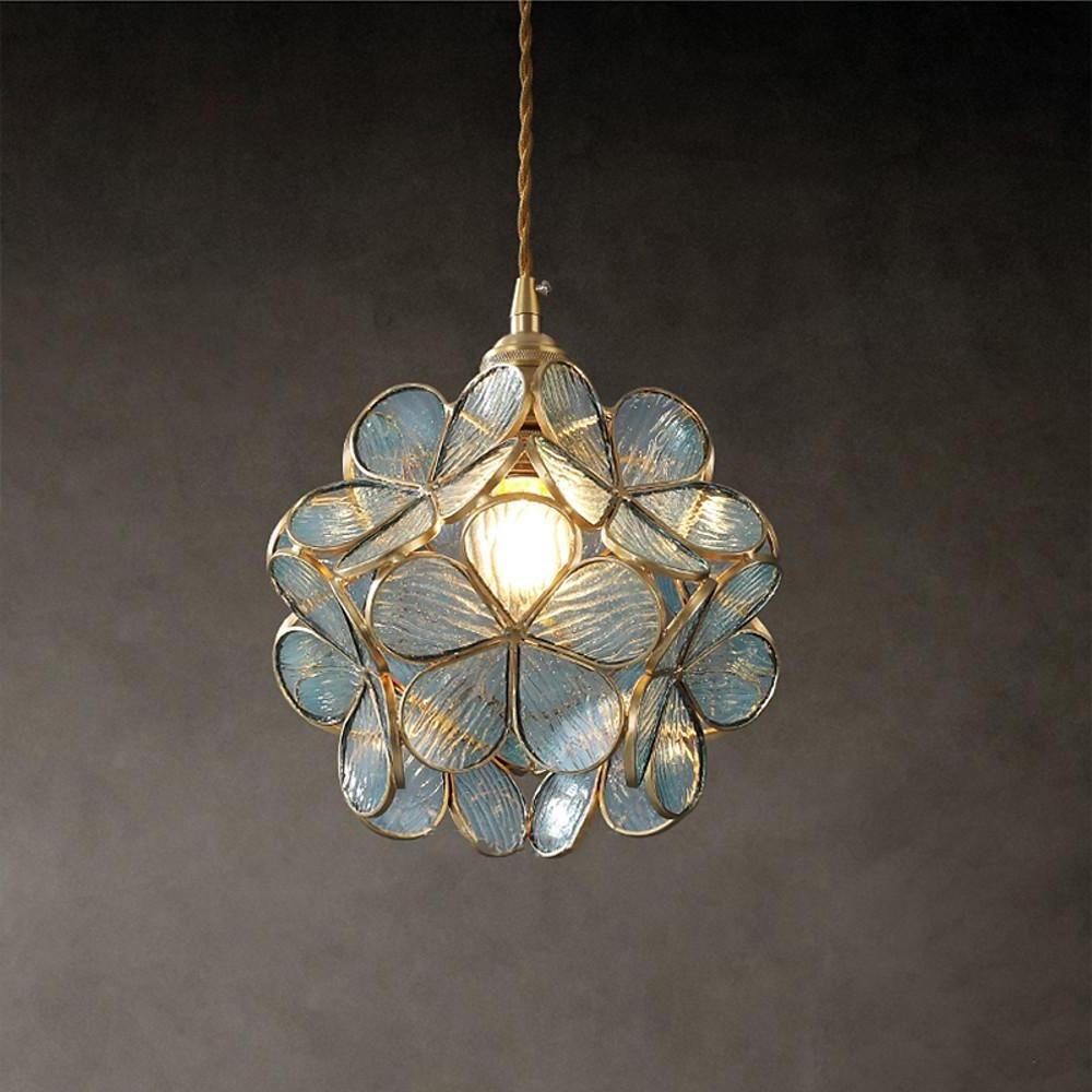 Floral Glass Pendant Light Modern Copper Finish Hanging Lamp