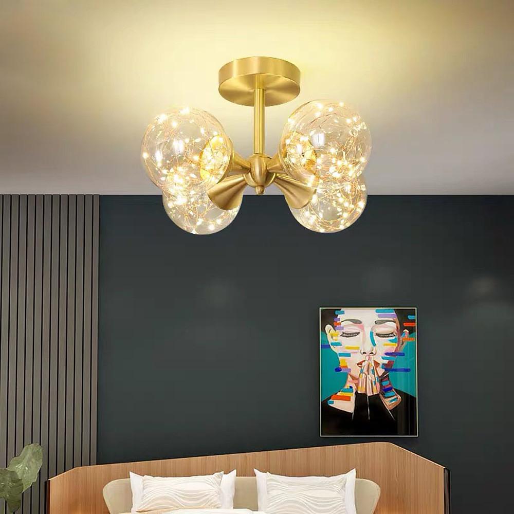 4-Light Copper Glass Flush Mount LED Ceiling Light Modern Brass