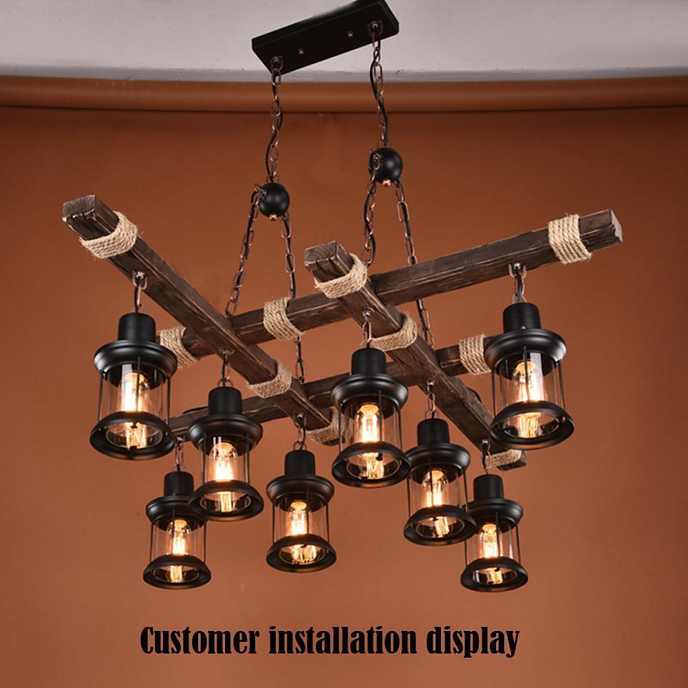 Vintage Wood & Glass 8-Light Farmhouse Pendant Chandelier