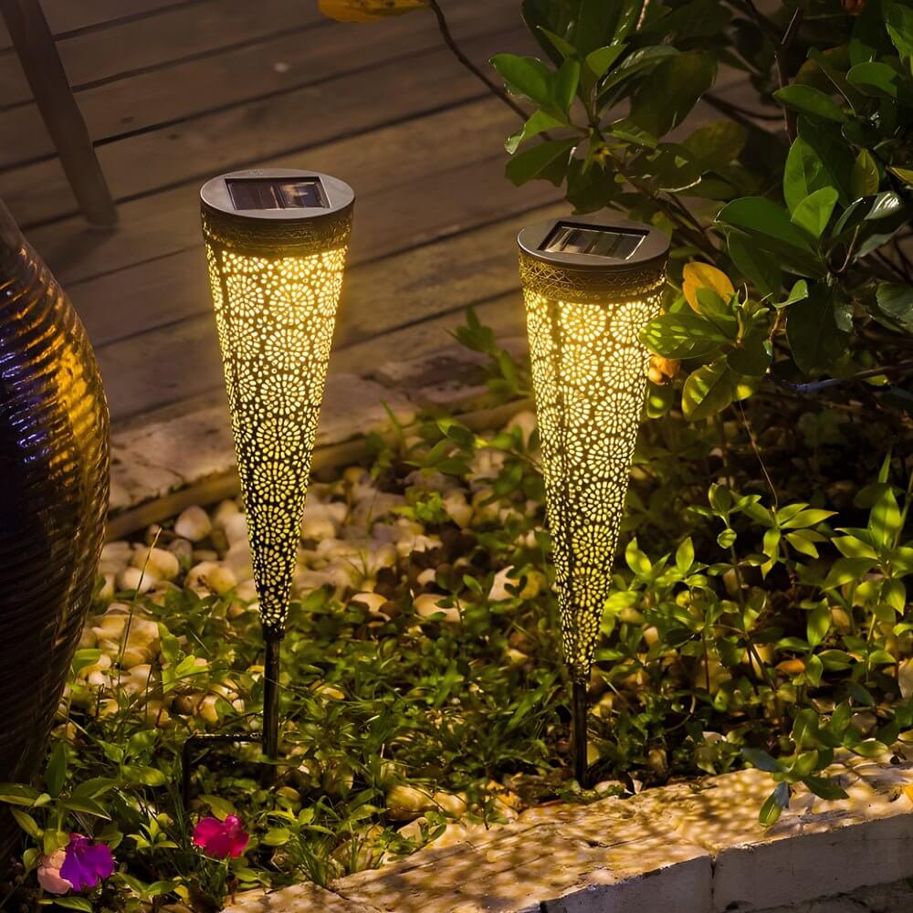 Solar Garden Stake Lights with Floral Cutouts - 2 Pack Modern Metal