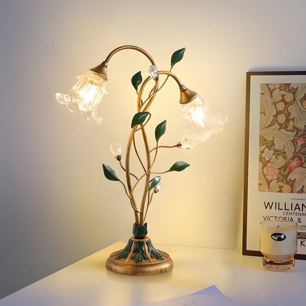 Modern Glass Floral Desk Lamp with Dual Lights and Leaf Accents