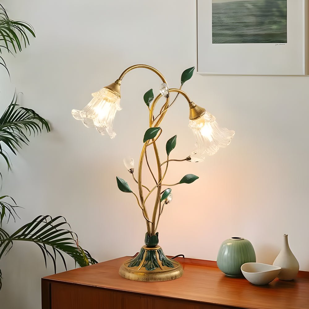 Modern Glass Floral Desk Lamp with Dual Lights and Leaf Accents