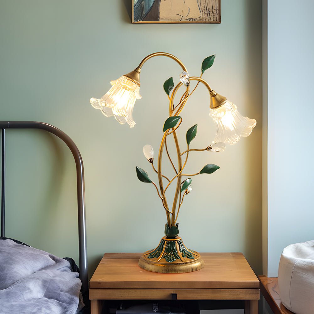 Modern Glass Floral Desk Lamp with Dual Lights and Leaf Accents