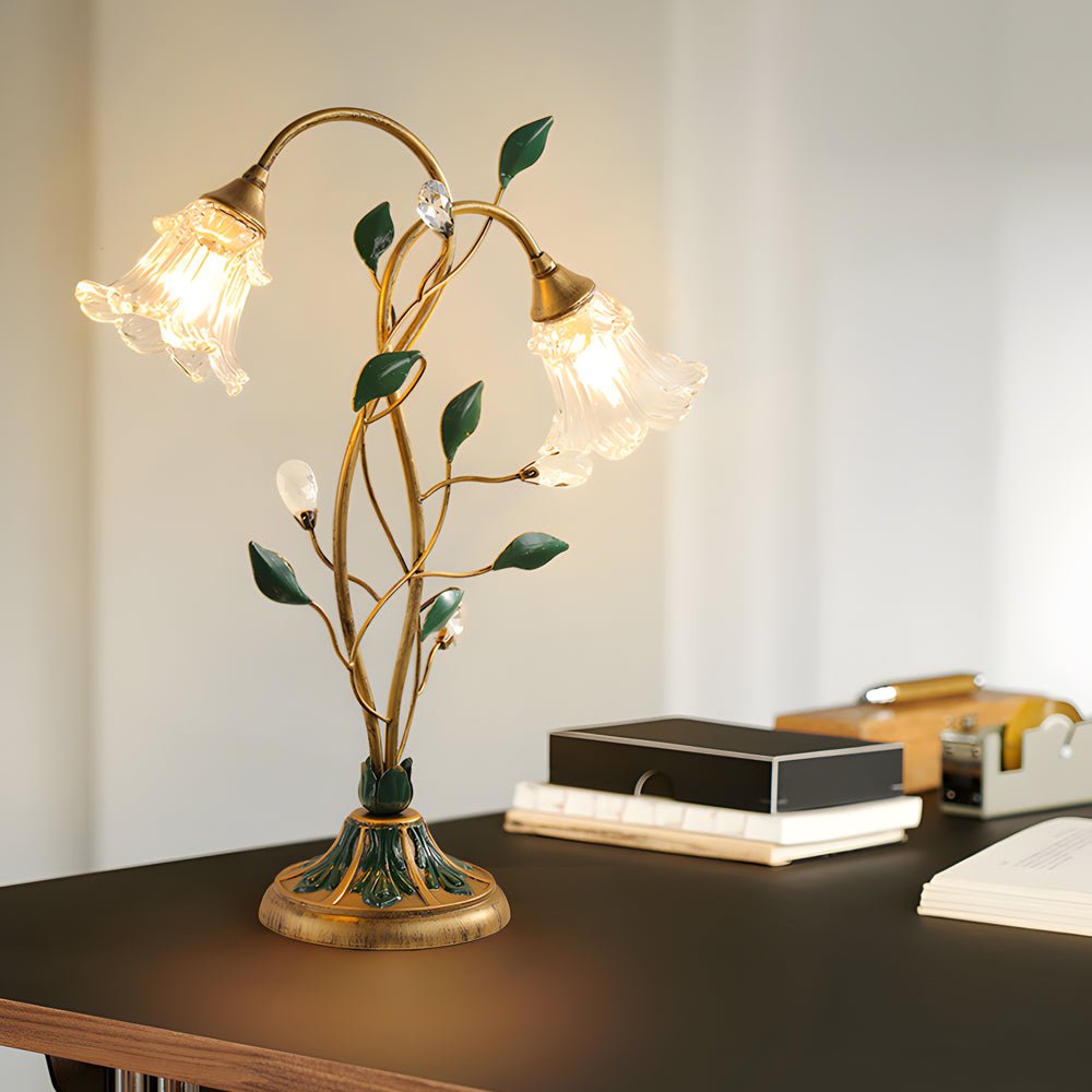Modern Glass Floral Desk Lamp with Dual Lights and Leaf Accents