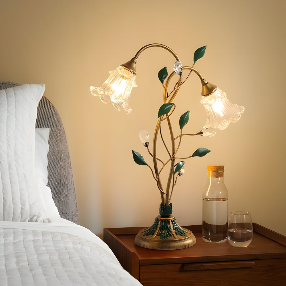 Modern Glass Floral Desk Lamp with Dual Lights and Leaf Accents