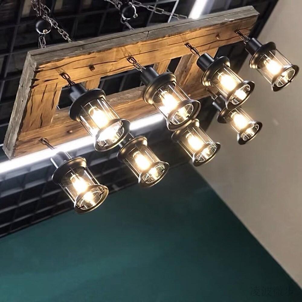 8-Light Vintage Wooden Chandelier with Glass Shades