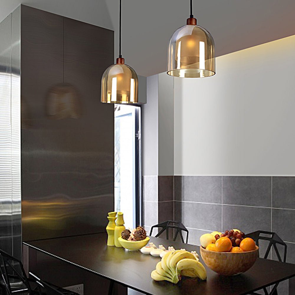Double Glass Nordic Wood Pendant Light Modern Brown Ceiling Fixture