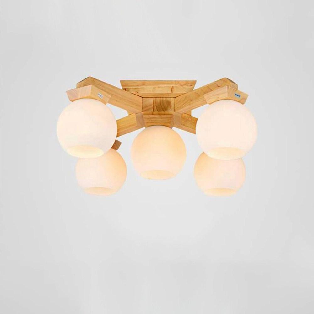 Nordic Wood Globe Flush Mount Ceiling Light with Glass Shades