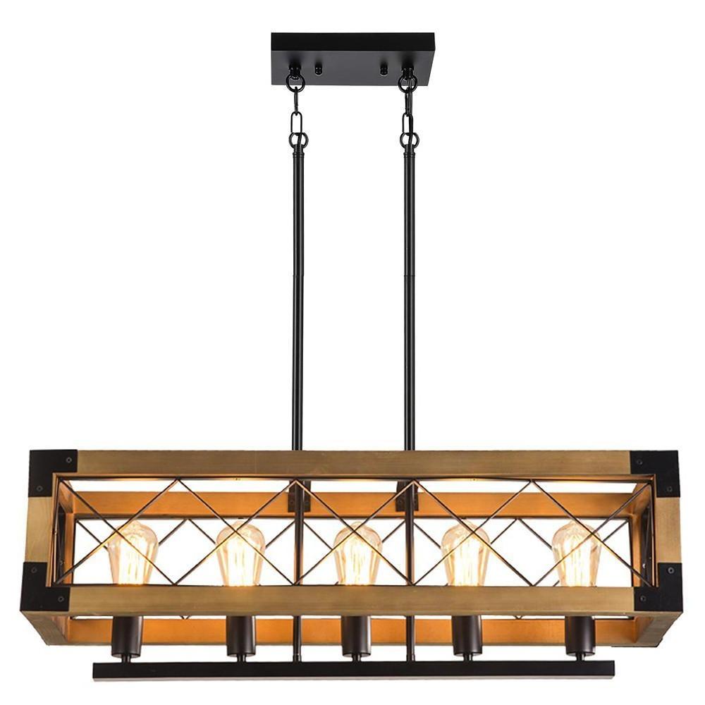 Rustic Industrial Linear Chandelier Wood & Glass Farmhouse Fixture