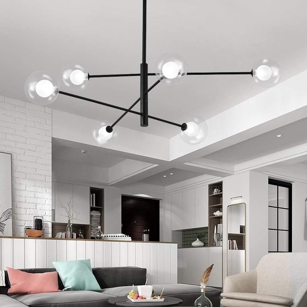 Linear Sputnik Chandelier Black Glass & Metal 6-Light Pendant