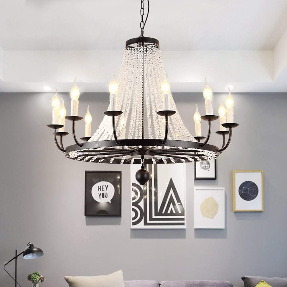 Vintage Wagon Wheel Crystal Chandelier - Black Metal Candle Style