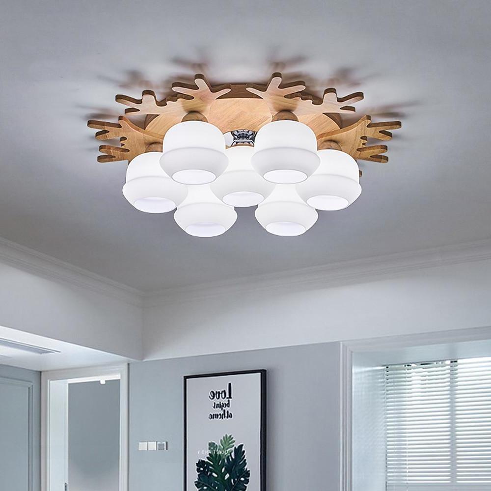 Modern Wood Glass Globe Flush Mount Ceiling Light | Ambient LED