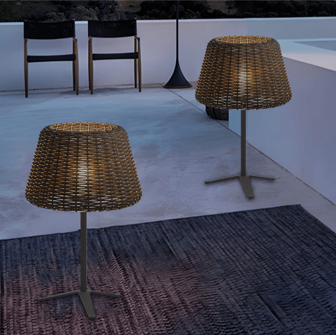 Rattan Shade LED Outdoor Floor Lamp with Stake