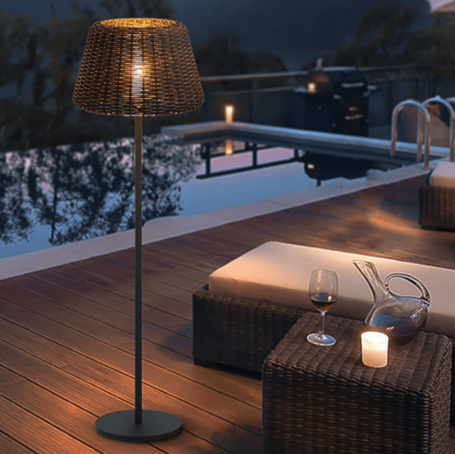 Rattan Shade LED Outdoor Floor Lamp with Stake
