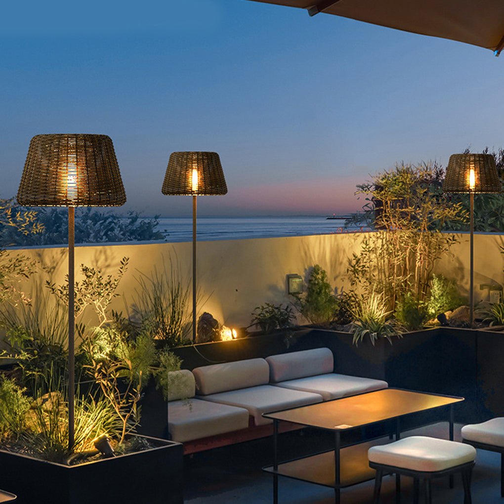 Rattan Shade LED Outdoor Floor Lamp with Stake