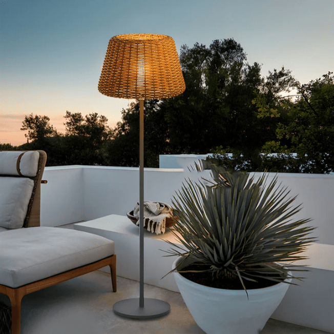 Rattan Shade LED Outdoor Floor Lamp with Stake