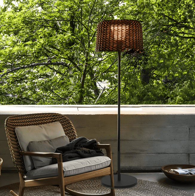 Rattan Shade LED Outdoor Floor Lamp with Stake
