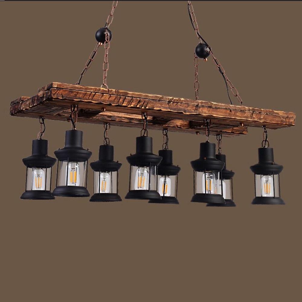 8-Light Vintage Wooden Chandelier with Glass Shades