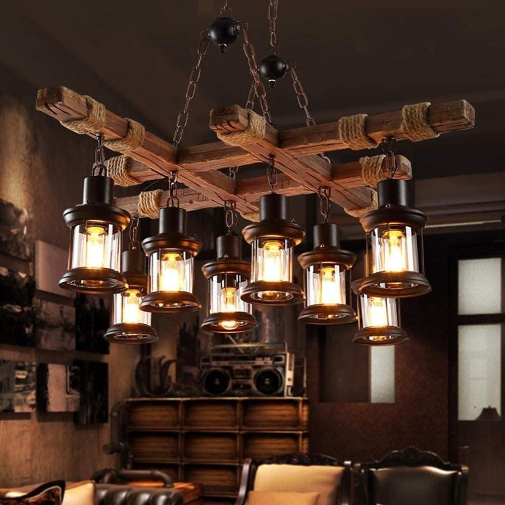 Vintage Wood & Glass 8-Light Farmhouse Pendant Chandelier