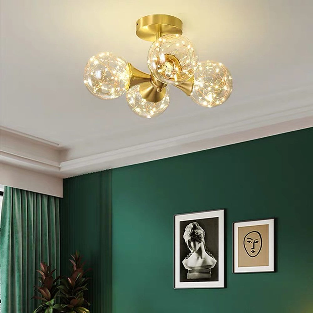 4-Light Copper Glass Flush Mount LED Ceiling Light Modern Brass