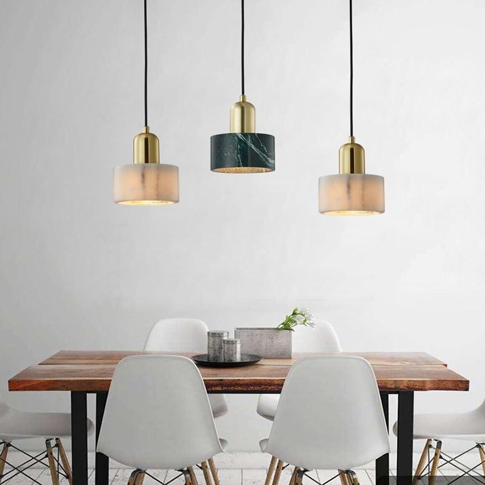 Vintage Circular Pendant Light with Electroplated Metal & Marble Shade