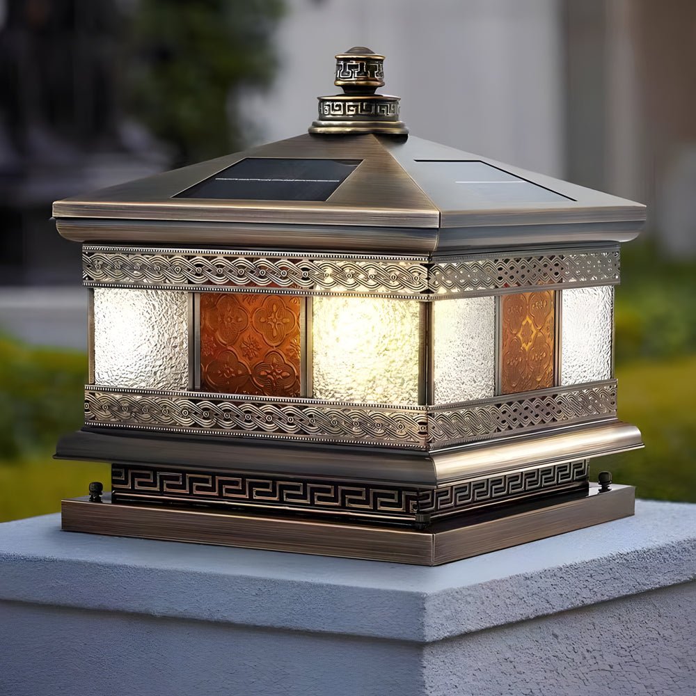 Square Copper Outdoor Post Light with Glass Shade - Bronze Finish