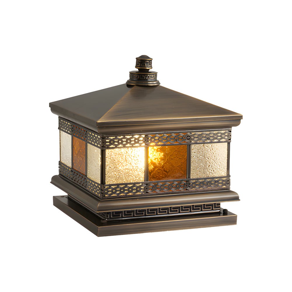 Square Copper Outdoor Post Light with Glass Shade - Bronze Finish