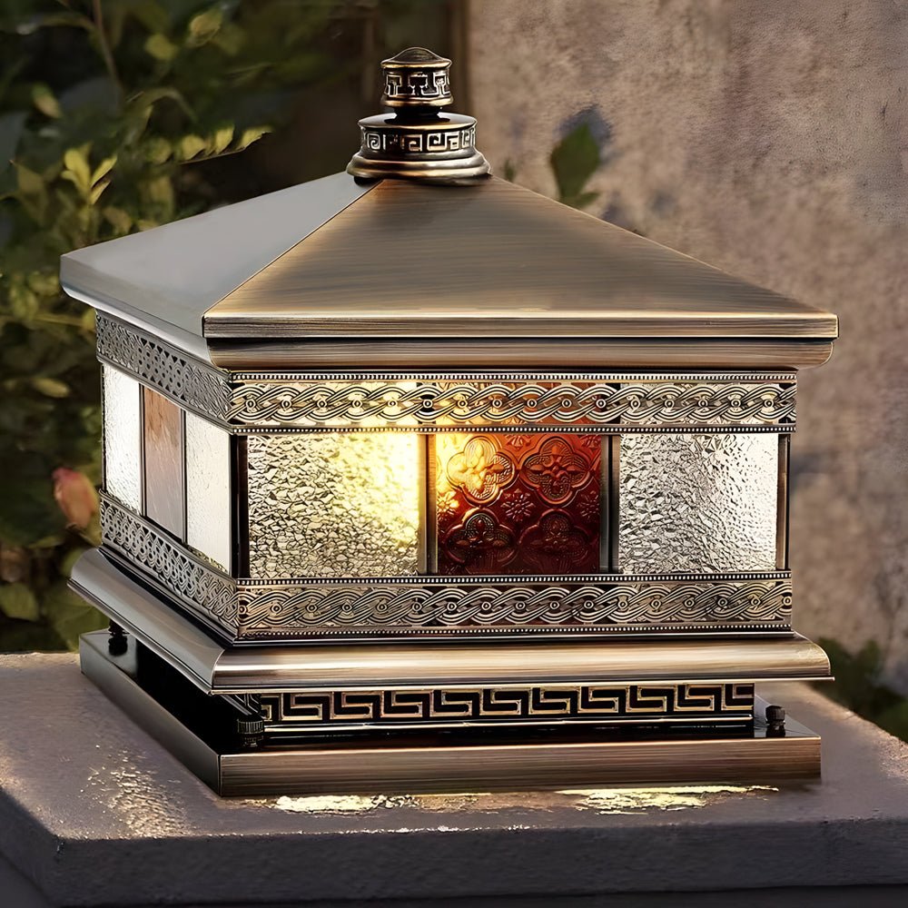 Square Copper Outdoor Post Light with Glass Shade - Bronze Finish