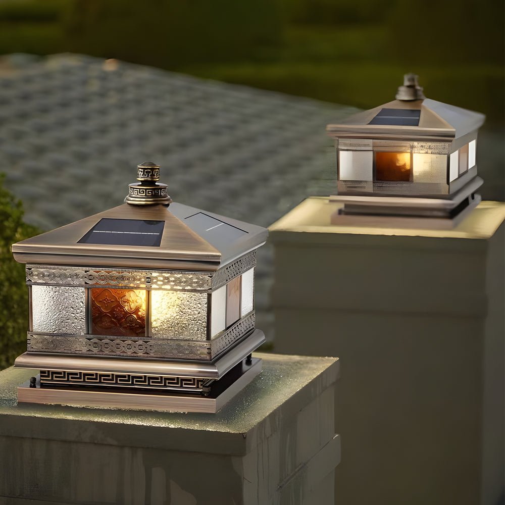 Square Copper Outdoor Post Light with Glass Shade - Bronze Finish