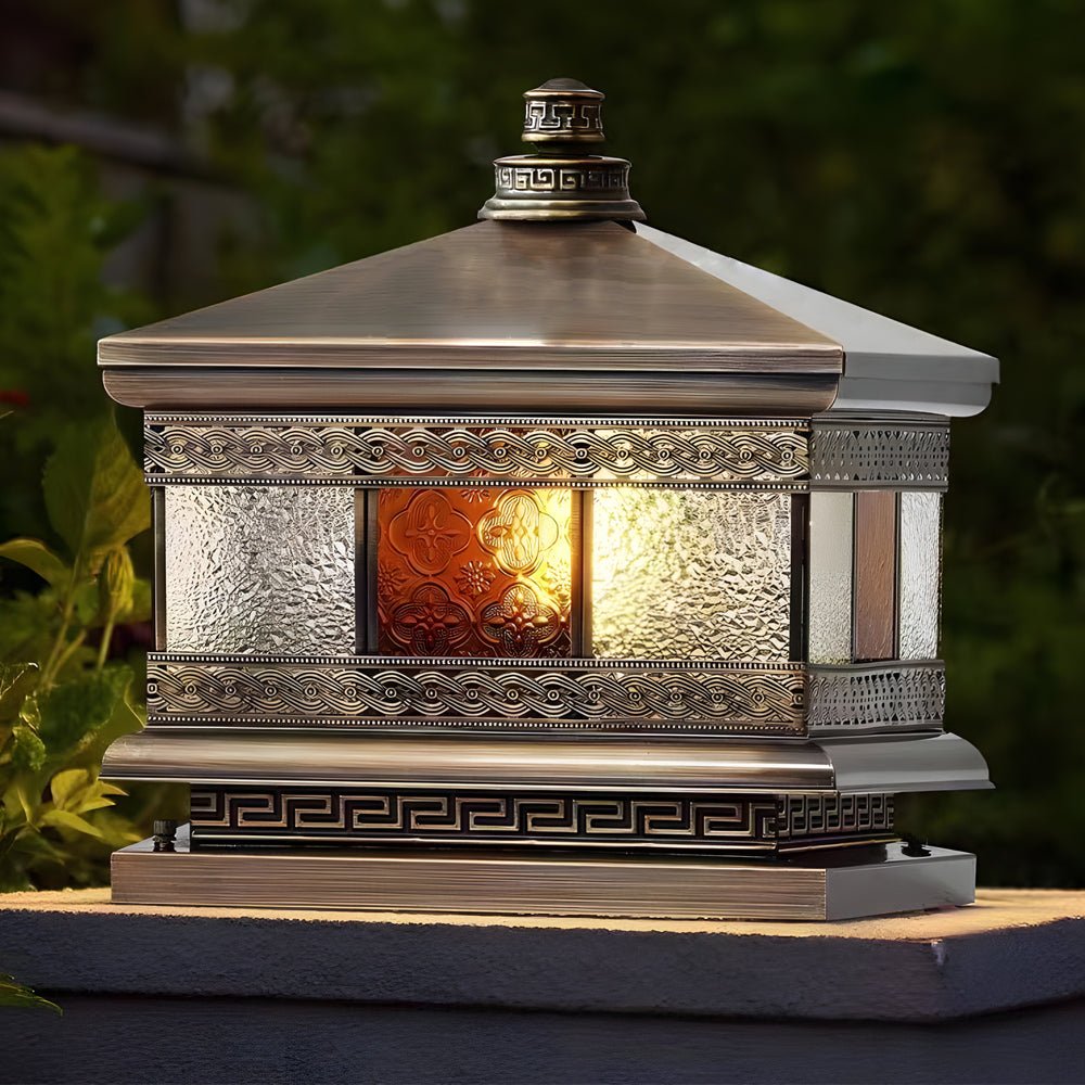Square Copper Outdoor Post Light with Glass Shade - Bronze Finish