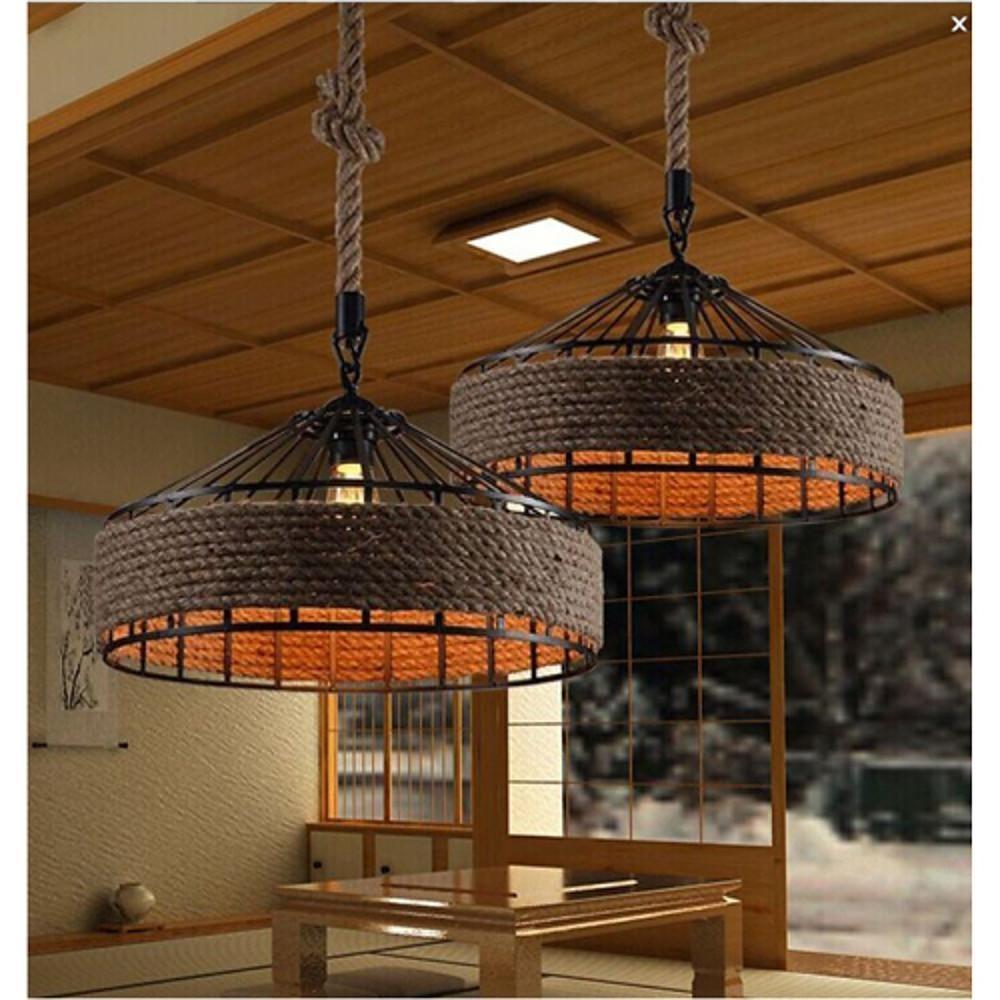 Circular Rope-Wrapped Pendant Light – Rustic Industrial Chandelier