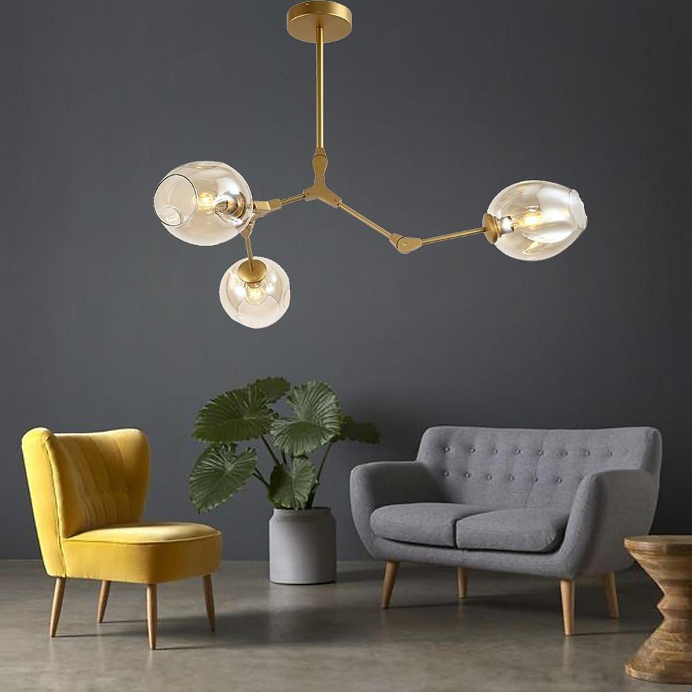 Modern Sputnik Glass Chandelier with 3 LED Lights - Amber & Clear