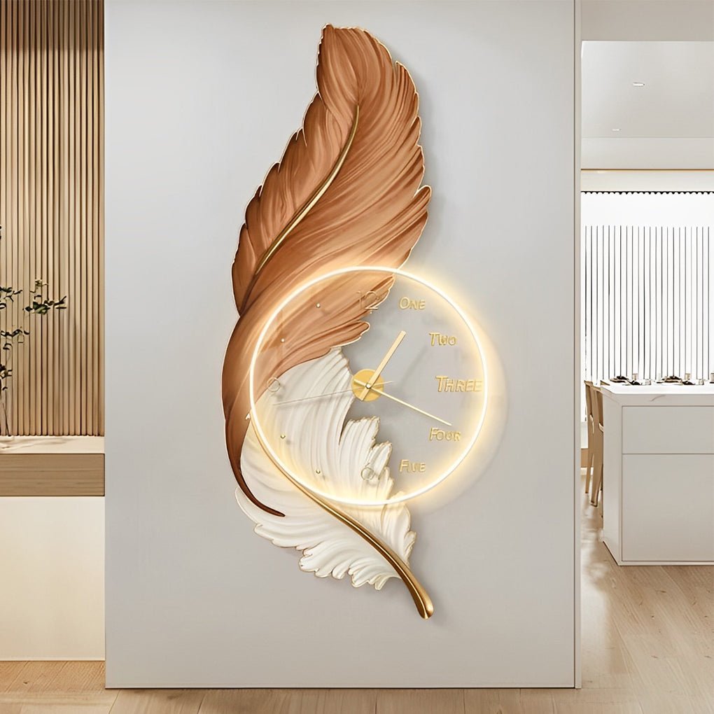Modern Feather Art Wall Clock with LED Backlight and Remote