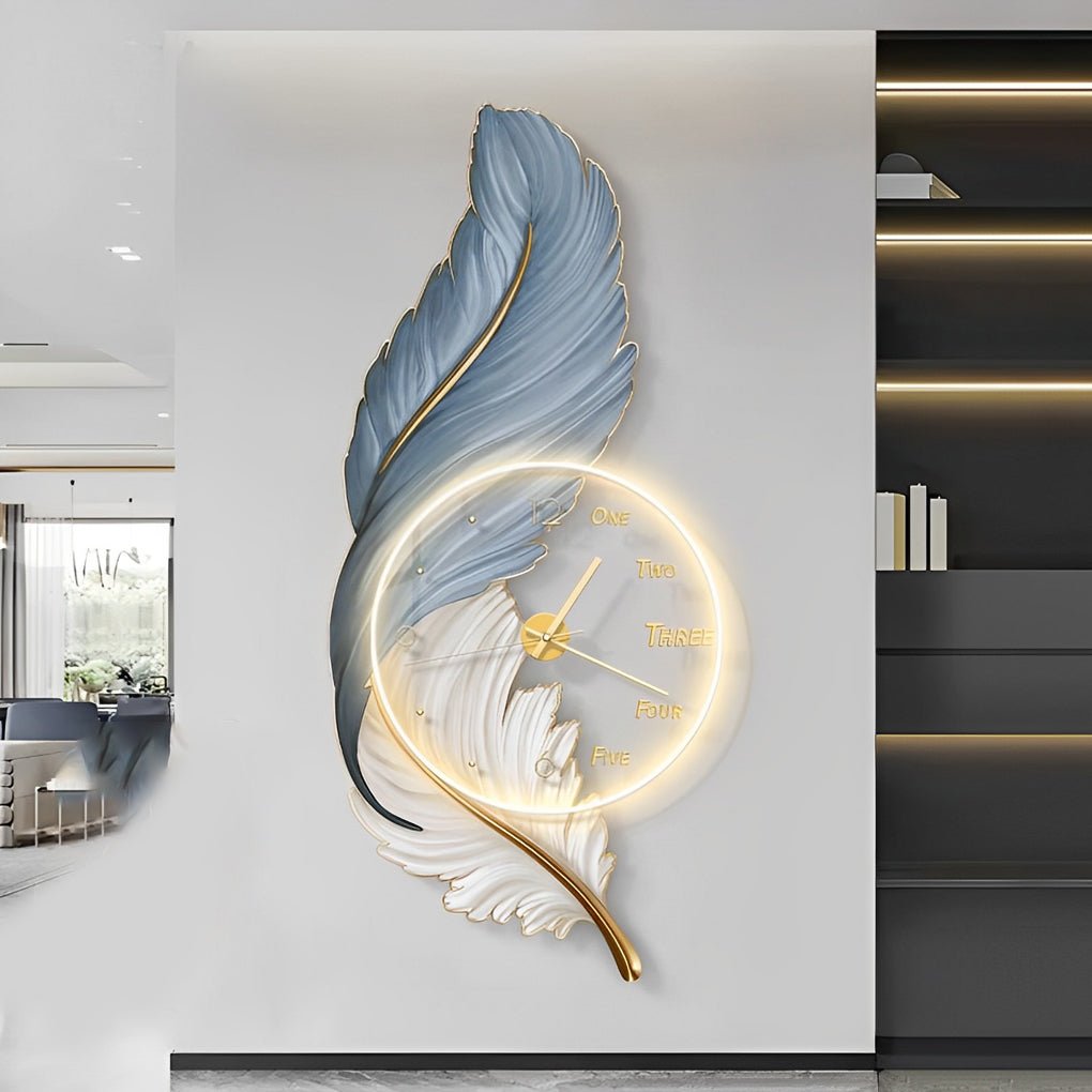 Modern Feather Art Wall Clock with LED Backlight and Remote