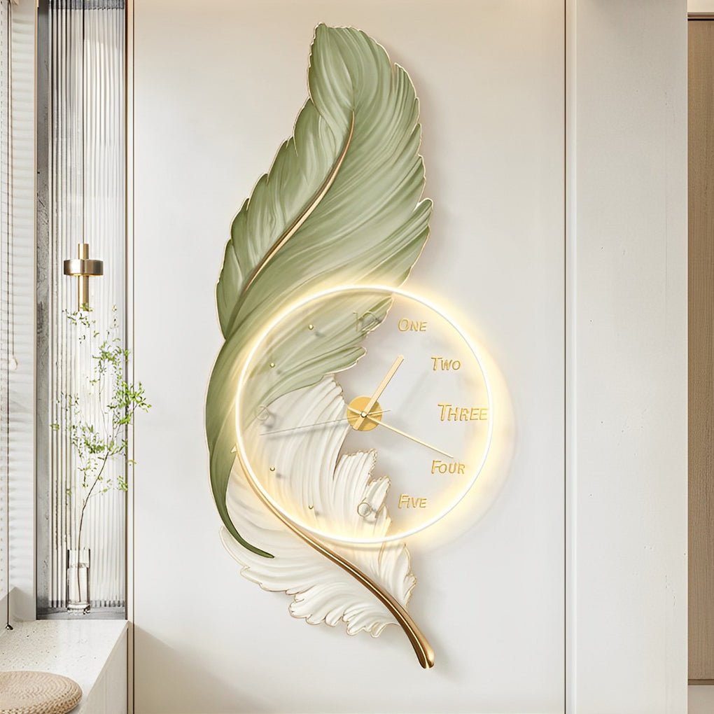 Modern Feather Art Wall Clock with LED Backlight and Remote