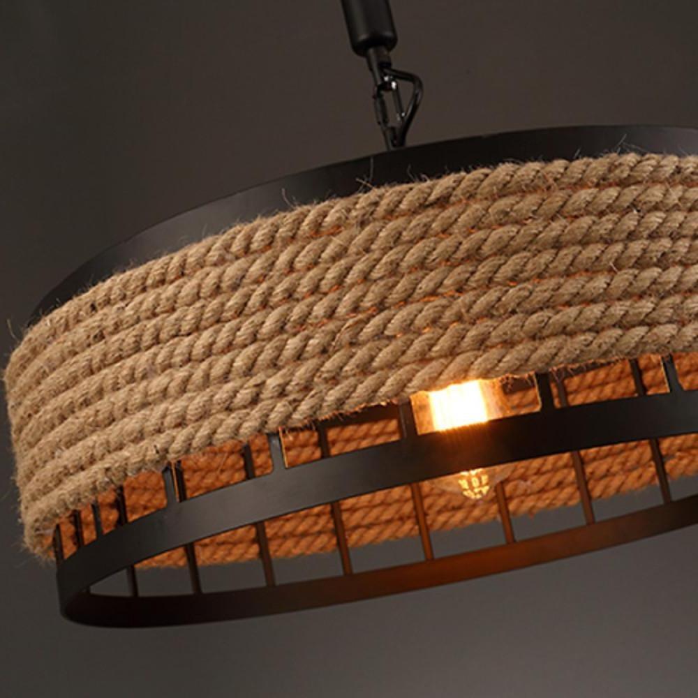 Circular Rope-Wrapped Pendant Light – Rustic Industrial Chandelier