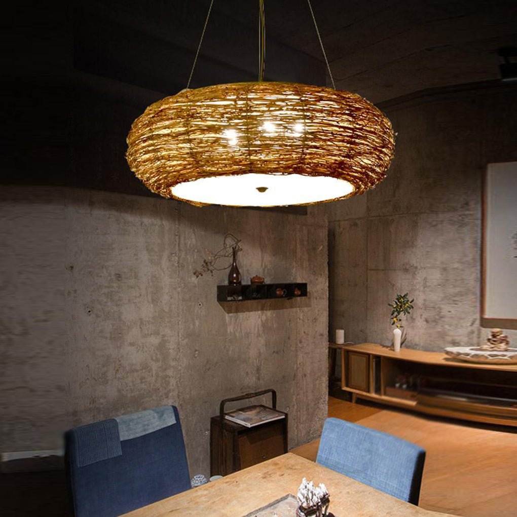 Flat Peach Wicker Pendant Light - Farmhouse Burlywood Ceiling Lamp