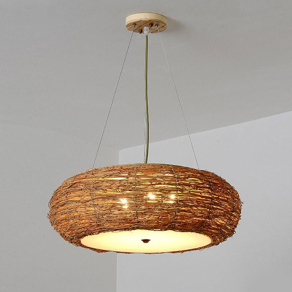Flat Peach Wicker Pendant Light - Farmhouse Burlywood Ceiling Lamp