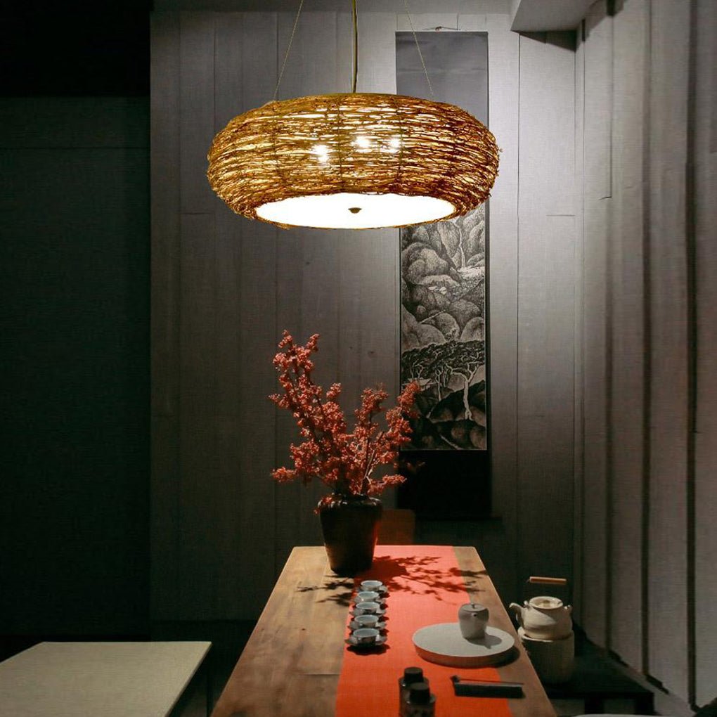 Flat Peach Wicker Pendant Light - Farmhouse Burlywood Ceiling Lamp