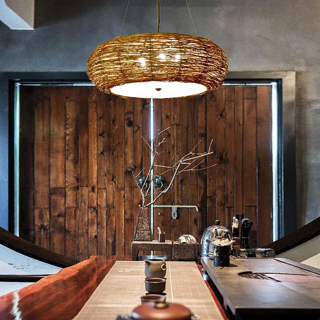 Flat Peach Wicker Pendant Light - Farmhouse Burlywood Ceiling Lamp